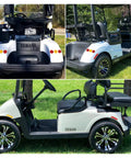 Top Shelf Golf Cart Reflector Strips Slick Peel N Stick Decal Kit With Heavy Duty Waterproof Glue Quick Install For Yamaha Ezgo Club Car rear and side view of white Yamaha golf cart with reflector decals.