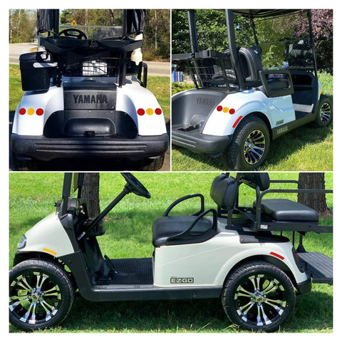 Top Shelf Golf Cart Reflector Strips Slick Peel N Stick Decal Kit With Heavy Duty Waterproof Glue Quick Install For Yamaha Ezgo Club Car rear and side view of white Yamaha golf cart with reflector decals.