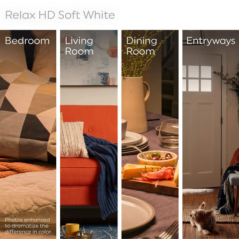 Bedroom, living room, dining room, and entryways with Relax LED Light Bulbs 60W Equivalent Soft White A19 4 Pack cozy lighting.