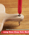 Built Tough Heavy Duty Mechanical Carpenter Pencils With 36 Vivid Color Refills And Snappy Sharpener For Long Nose Woodworking Marking and Job Site Ready Pro Gear, red pencil in wood hole.