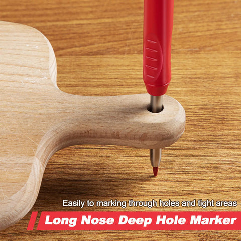 Built Tough Heavy Duty Mechanical Carpenter Pencils With 36 Vivid Color Refills And Snappy Sharpener For Long Nose Woodworking Marking and Job Site Ready Pro Gear, red pencil in wood hole.