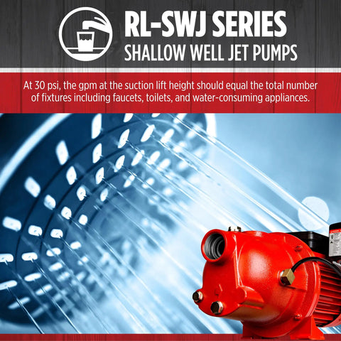 RL-SWJ Series Shallow Well Jet Pump, Half Horsepower, Cast Iron, 12.6 GPM, Dual Voltage, Red Pump Graphic