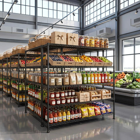 Five Tier Heavy Duty Wire Shelving Unit For Warehouse And Supermarket Built To Last 71 Inch Tall With Extra Shelf 25 Percent More Storage Sturdy Steel Construction Adjustable Shelves For Bulk Stock And Easy Organization in black wire steel, used in a supermarket