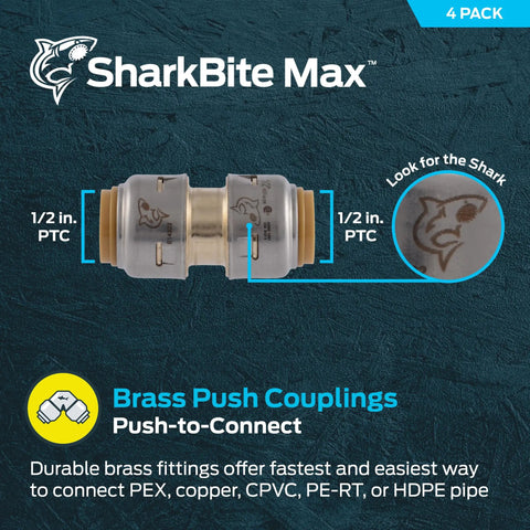 Max Half Inch Push To Connect Brass Plumbing Coupling Pack Of 4 For PEX Copper CPVC PE RT HDPE SDR9 Fittings No Solder Or Glue