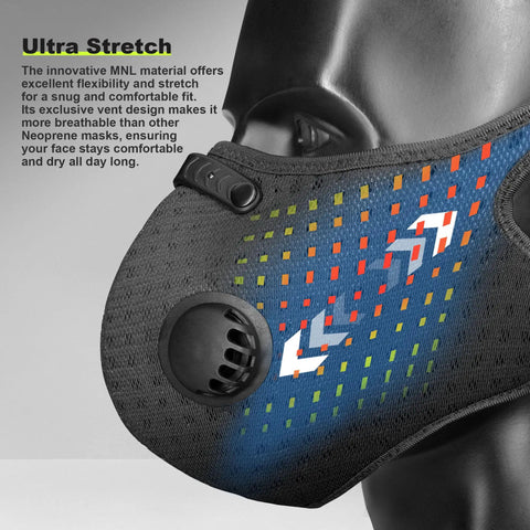 Reusable Dust Mask With 360 Degree Seal And MNL Material For Dust Pollen Welding Construction Sanding Woodworking And Yard Work Breathable Six Filter Face Mask For DIY Projects And Job Site Ready, side view with vent and colorful pattern.