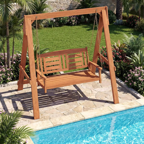 Two Seater Porch Swing With Stand, Solid Wood Patio Loveseat With Adjustable Chains, Built In Backrest And Armrests, Outdoor Swing Bench By Poolside