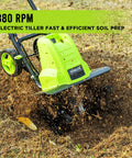 16 Inch Corded Electric Tiller With 13.5 Amp Motor cultivating soil, showcasing 6 steel tines for deep cultivation up to 8.7 inches.