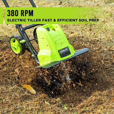 16 Inch Corded Electric Tiller With 13.5 Amp Motor cultivating soil, showcasing 6 steel tines for deep cultivation up to 8.7 inches.