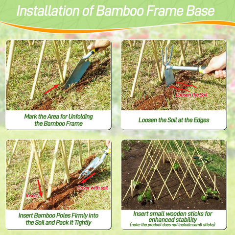 Expandable Bamboo Teepee Trellis for Climbing Plants installation process in garden with soil preparation and bamboo frame setup.