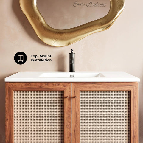36 Inch Ceramic Vanity Sink Top With Top Mount Installation And Integrated Bowl, shown in modern bathroom setting
