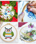 304 Pack Embroidery Starter Kit With 200 Color Floss 5 Bamboo Embroidery Hoops 2 Aida Cloths Easy Instructions Bag And Cross Stitch Tools Set For Beginners And Adults, showcasing four embroidered designs with a Christmas tree, blue pattern, owl, and landscape in bamboo hoops.