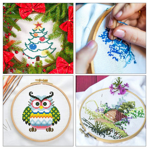 304 Pack Embroidery Starter Kit With 200 Color Floss 5 Bamboo Embroidery Hoops 2 Aida Cloths Easy Instructions Bag And Cross Stitch Tools Set For Beginners And Adults, showcasing four embroidered designs with a Christmas tree, blue pattern, owl, and landscape in bamboo hoops.