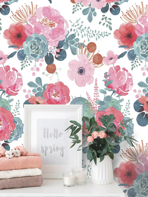 White Watercolor Peony Peel And Stick Wallpaper For Nursery And Bedroom Removable Vinyl Contact Paper Pink And Green Floral For Cozy Vibe