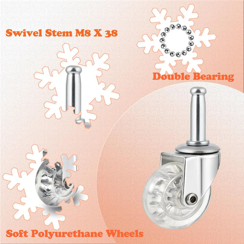 Bulletproof Two Inch Swivel Caster Wheels With No Sweat Mounting Sockets Crystal Clear Smooth Ride showing swivel stem and wheel design.