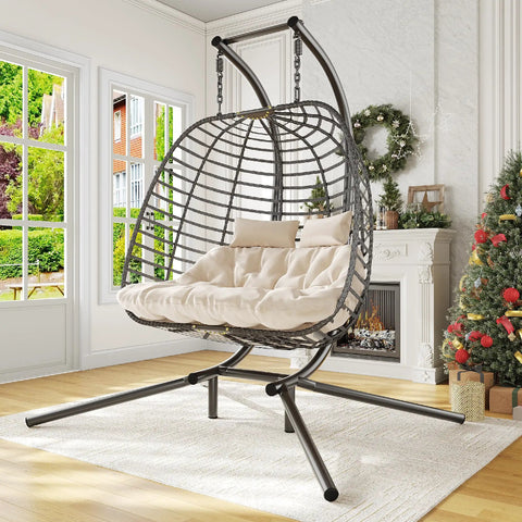 Ultra Cozy Double Hanging Egg Chair With Stand For Patio And Garden Deluxe Hammock Swing Chair With Cushions Loveseat Style