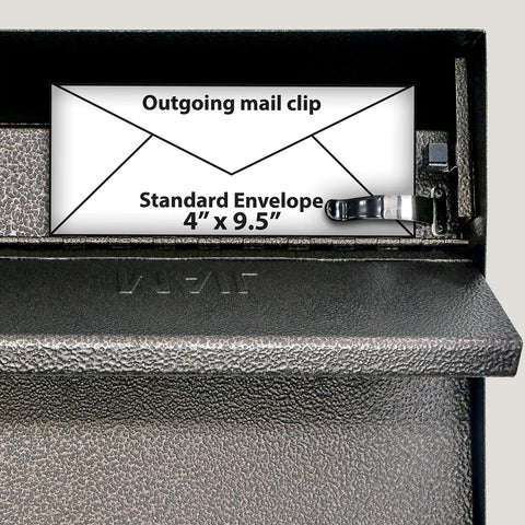 Interior view of 7164 Metro Bronze High Capacity Wall Mounted Locking Mailbox With Anti Pry Latch And 12 Wafer Disc Lock showing mail clip.