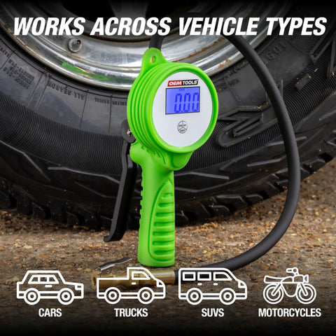 Pro Grade Digital Tire Inflator With Gauge And LCD Display, 0 To 175 PSI, 21 Inch Hose, Clip On Chuck near vehicle tire