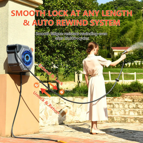 Person using Retractable Garden Hose Reel With 100 Foot Heavy Duty Wall Mount 1/2 Inch Hose, Metal Bracket, in garden