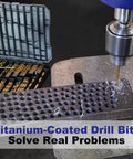 Workhorse Titanium Coated Drill Bit Set With Cr V Bits And Quick Change Adapter drilling metal with visible open case