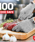 Cut Resistant Kitchen Gloves With Grip Dots For Chefs And Woodworking shown slicing meat safely with a knife on cutting board
