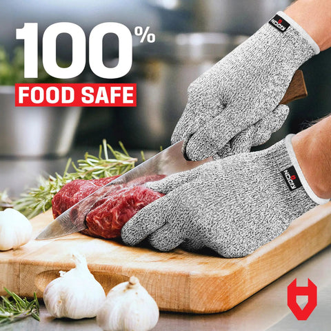 Cut Resistant Kitchen Gloves With Grip Dots For Chefs And Woodworking shown slicing meat safely with a knife on cutting board