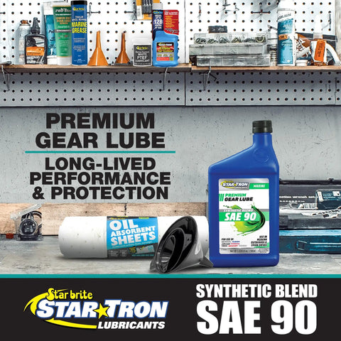 Star brite Hypoid 90W Lower Unit Gear Lube For Outboard Motors And Stern Drives Marine Grade 32 Oz bottle on shelf