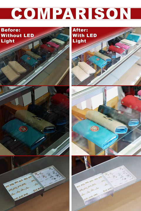 Before and after comparison of display cabinet lighting with 12.5ft LED Kit With Dimmer, showing improved visibility and brightness.
