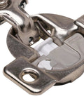 Close-up of a soft close cabinet hinge featuring a 45mm screw hole pattern, suitable for 1/2 inch overlay, made in USA.
