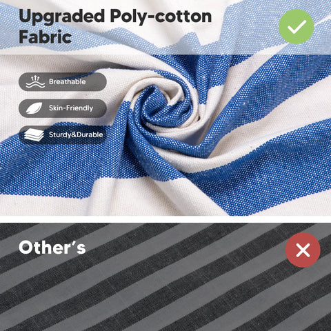 Close-up of blue and white striped poly-cotton fabric used in Big Outdoor Double Hammock With Stand For Two People, Durable and breathable.