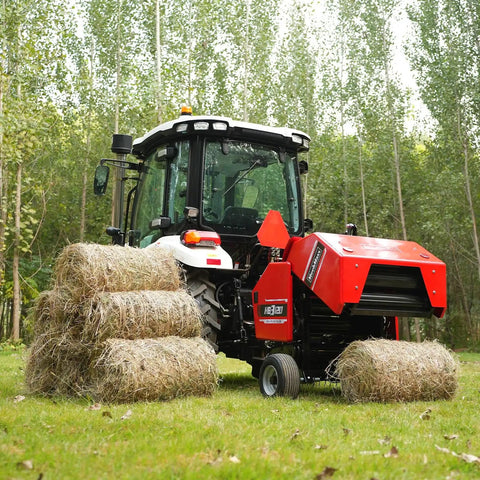Hay Baler And Wrapper Combo HB3120 HW20 For Farms And Small Operations with stacked round hay bales in a field.