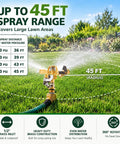 Half Inch Brass Impact Sprinkler Head Built Tough As Nails With Zinc Free Solid Brass Housing And Rugged Stainless Steel Parts For Rock Solid Yard Watering Up To Forty Five Foot Radius spraying water in a lawn, showing 45ft range.