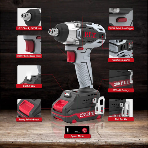 20V Cordless Compact Impact Wrench Kit With 1/2 Inch And 1/4 Inch Chucks, Brushless Power Wrench Gun on wooden surface.