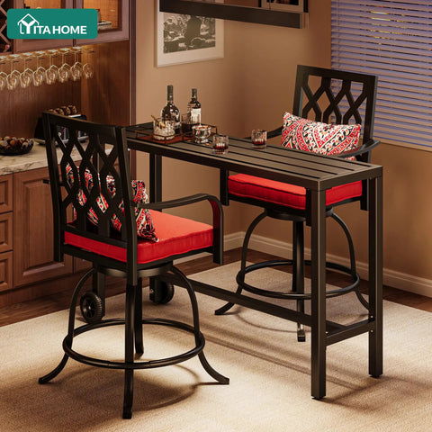 55 Inch Outdoor Bar Table Bar Height Rectangle Narrow Design For Balcony Patio Garden Yard Poolside Black Sturdy Frame With Crossbar Legs Supports Up To 330 Lbs And Ample Legroom in home setup with red cushions
