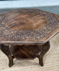 Rustic Nonagon End Table With Wood Tray Top Foldable Coffee Table Style for Cozy Living Room and Bedroom Handcrafted Farmhouse Nightstand with carved detailing
