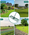 Composite image of stainless steel lawn leveling rake with adjustable handle for smoothing soil and topsoil in garden, farm, golf course.