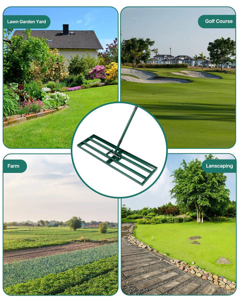 Composite image of stainless steel lawn leveling rake with adjustable handle for smoothing soil and topsoil in garden, farm, golf course.