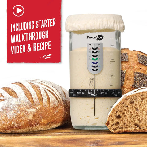 Sourdough Starter Kit With Date Marked Feeding Band Thermometer Jar Scraper Cloth Cover And Metal Lid Wide Mouth Container For Easy No Fuss Feeding And Keeping Your Starter Active shown with fresh sourdough bread.