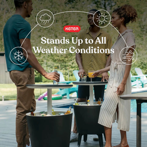 Modern Outdoor Bar Table With Built In 7.5 Gallon Beer And Wine Cooler For Backyard Gameday Parties And Poolside Hangouts A Portable Pop Up Bar With Hidden Cooler Lid Lifts For Quick Drinks On The Deck And Chill Vibes Dark Grey with people enjoying drinks outdoors.