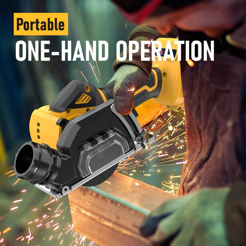 Person using Mini Cordless Circular Saw With Brushless Motor, 3 Inch Blades, 19,500 RPM, 20V Max Battery Compatible, No Battery Included
