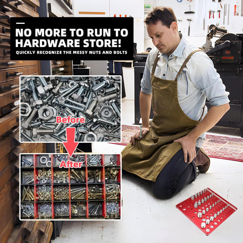 Nut and bolt thread gauge set, red, 42 sizes with 6in/15cm ruler; workshop scene with before/after hardware insets