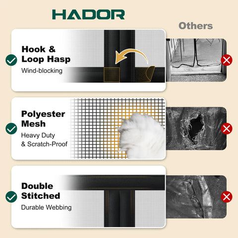 Comparison of magnetic screen door materials: Hook & Loop hasp, polyester mesh, double-stitched webbing. Magnetic Screen Door For 60x80 Inch Doors With Magnetic Closure And Heavy Duty Mesh, Double Opening For Sliding Patio And French Doors, Fits 62x81 Size Perfectly, Keeps Bugs Out And Lets You Walk Right In.