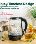 1.7 Liter Glass Electric Kettle That Boils Seven Cups In Just Six To Seven Minutes With Soft Blue LED Lights, Cordless Portable Water Heater, Auto Shut Off, Black Finish on a countertop