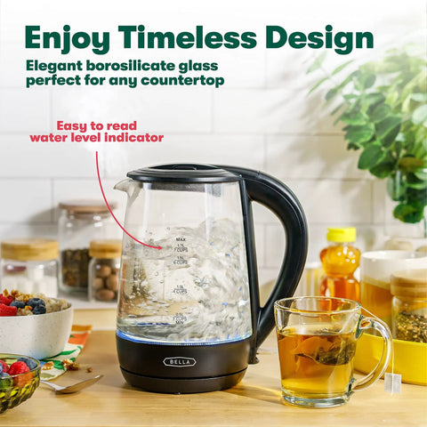 1.7 Liter Glass Electric Kettle That Boils Seven Cups In Just Six To Seven Minutes With Soft Blue LED Lights, Cordless Portable Water Heater, Auto Shut Off, Black Finish on a countertop
