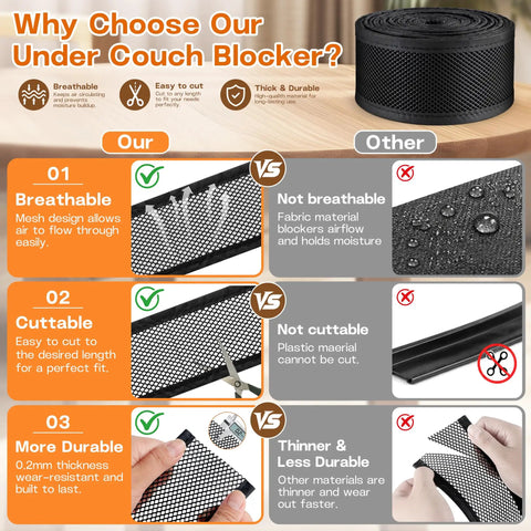 Adjustable Under Couch Blocker For Pets Smooth Sliding Barrier To Catch Rolling Toys Remotes Keeps Floors Clutter Free Breathable Fabric Design shown with comparison features.