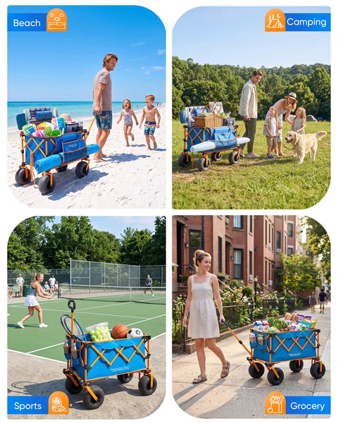 Foldable Beach Wagon With Balloon Wheels For Soft Sand Heavy Duty Collapsible Cart carrying gear on beach, park, court, and street