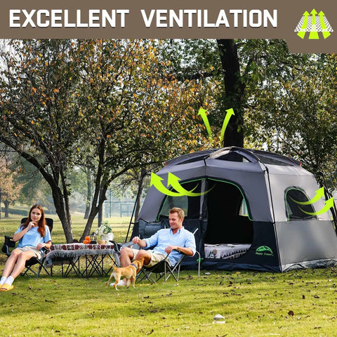 Roomy Six Person Camping Tent With Heavy Duty Blackout Layer Blocks Bright Morning Sun And Keeps Things Cool For Your Crew Includes Full Rainfly For Smooth Weekend Getaways, showing excellent ventilation and outdoor setup.