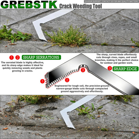 L Shaped Double Sided Beech Handle Stainless Steel Crevice Weeder Manual Weeding Tool for Tight Gaps in action on patio stones