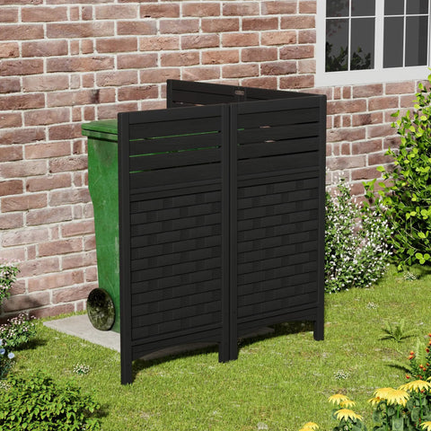 Outdoor Privacy Fence Panels For Yard And Garden Keep Nosy Neighbors Out, Resin HDPE Panels To Hide Pool Equipment A C Units And Trash Cans, 4 Pack Black, shown hiding a green bin against a brick wall.