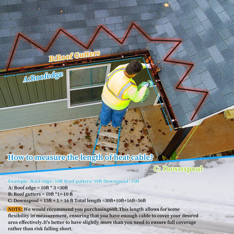 Person measuring roof gutters for Self Regulating Heat Tape for Water Pipes, 30 Ft Heavy Duty Pipe Freeze Protection