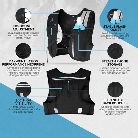 Lightweight Hydration Running Vest For Men And Women With 9 Pockets, features neoprene, chest straps, and 500ml soft flask holder.